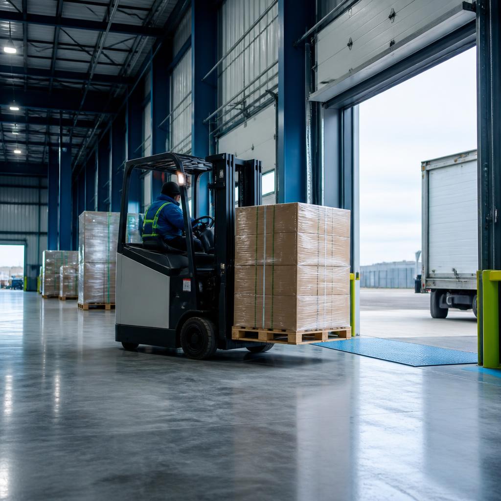 A pallet staged for business-to-business distribution at a loading dock.