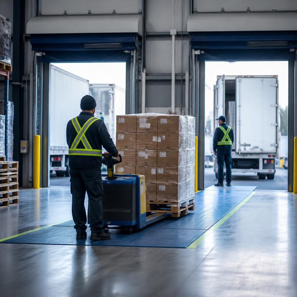 A pallet moving between receiving and outbound dock doors.
