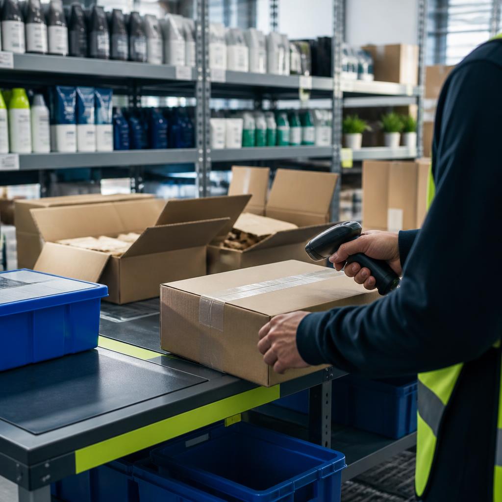 An ecommerce parcel being scanned at a fulfillment workstation.