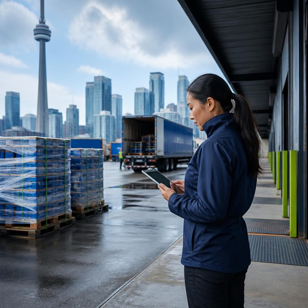 A logistics coordinator reviewing a shipment beside staged freight.