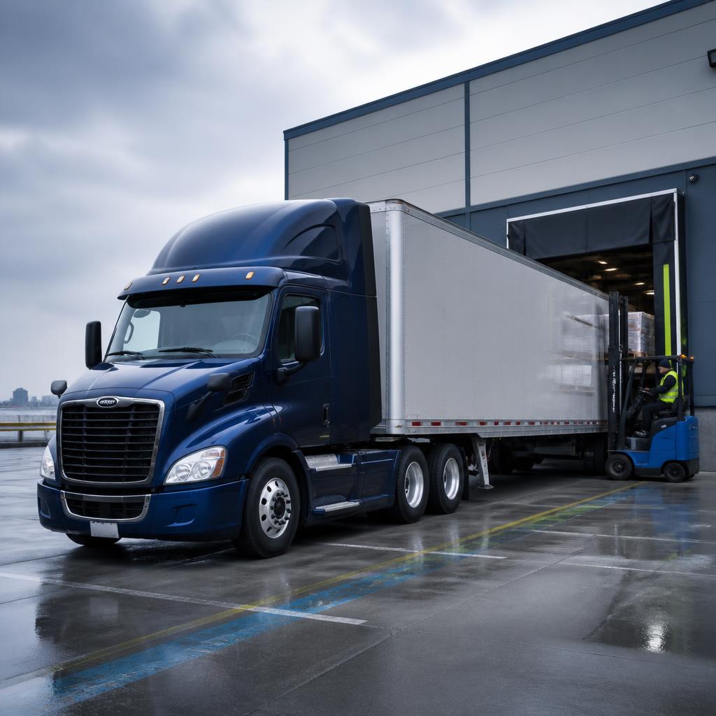 A freight truck backed to a warehouse loading bay.