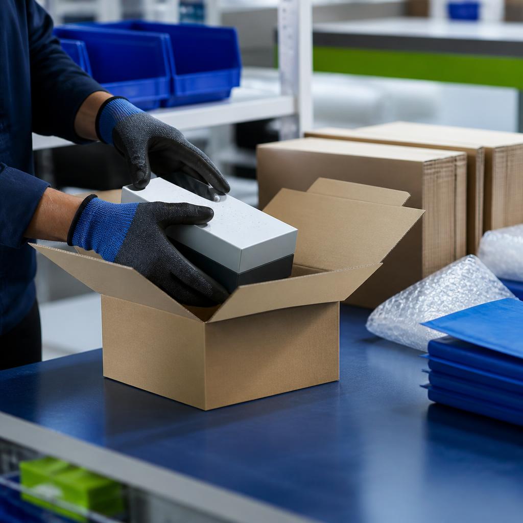 A worker carefully packing a product into a carton.