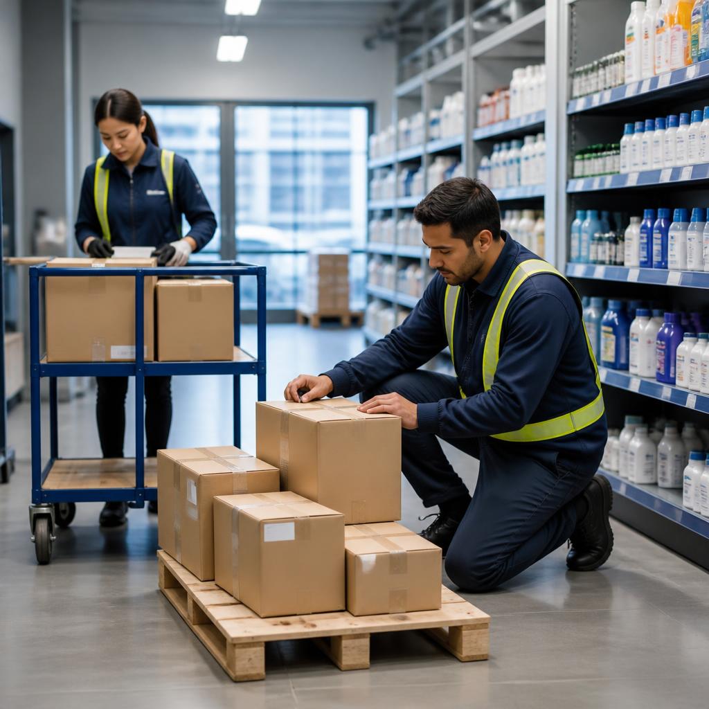 Retail replenishment cartons being checked and staged.