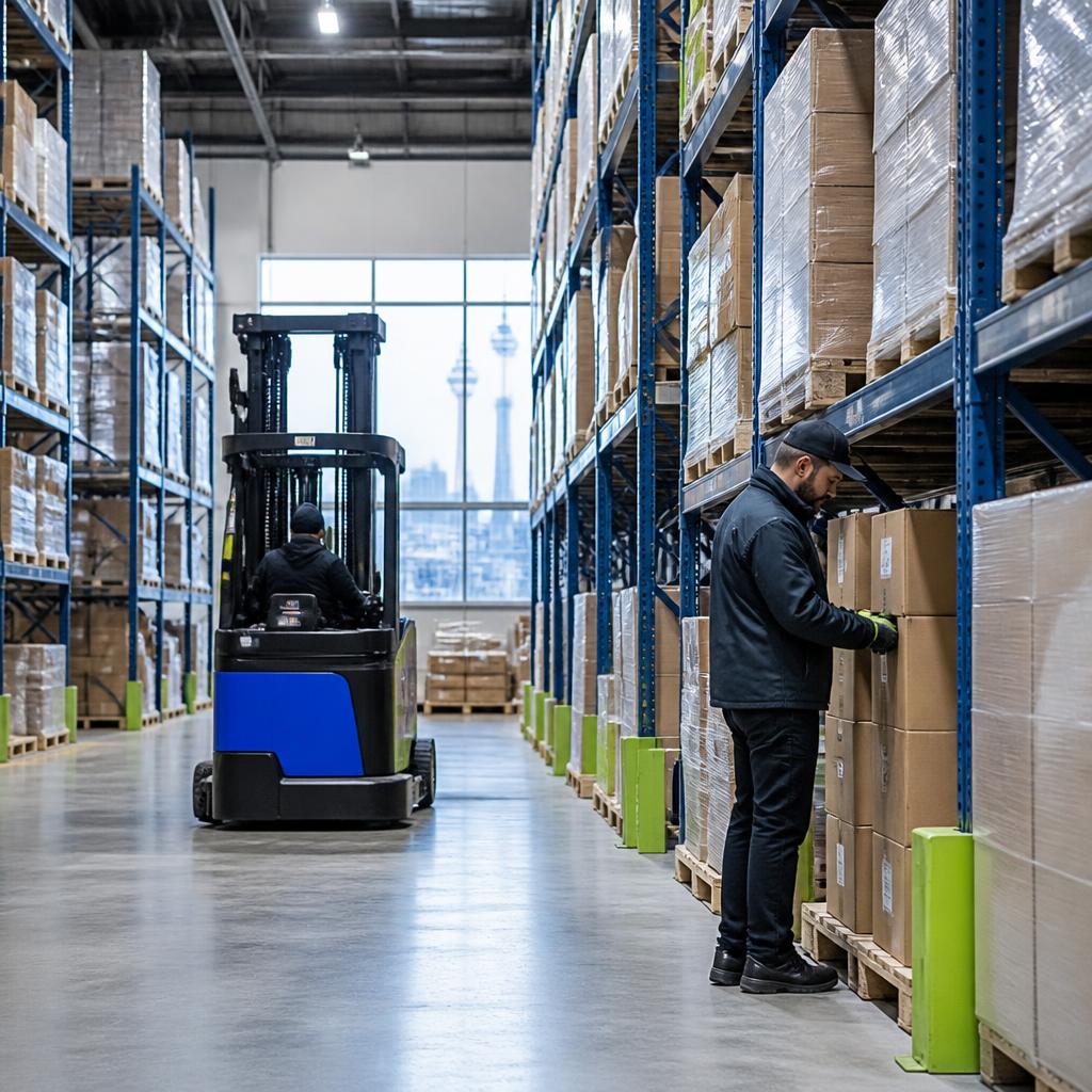 Organized warehouse aisle with pallet racks and inventory handling.